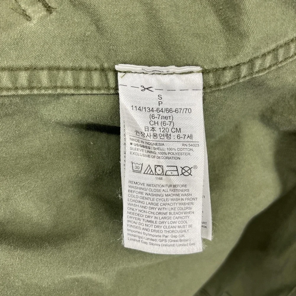 GAP Kids Jacket Girls Small 6-7 Olive Hooded Parka Faux Fur‎ Trim Utility Anorak